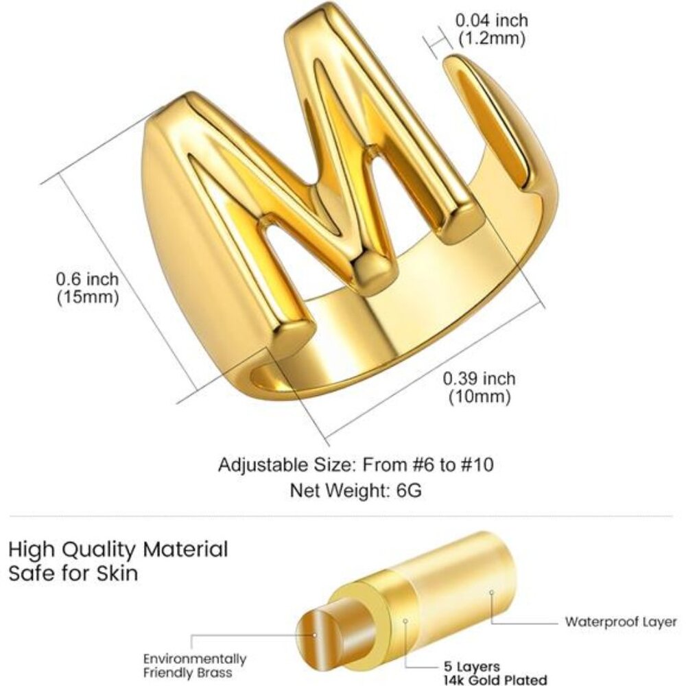 Bold Initial Letter M Rings Adjustable, Goldchic … - image 2
